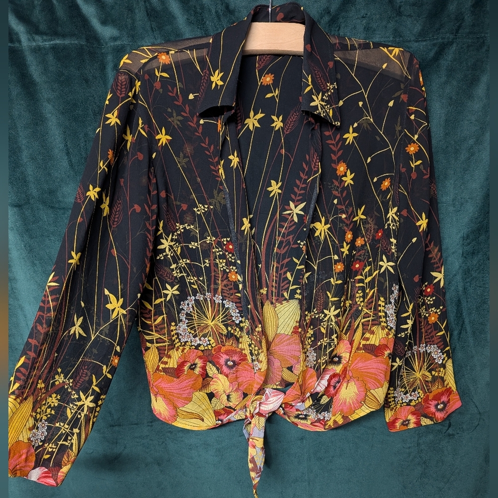 Chico's Silk Sheer Open Front Tie Floral Blouse